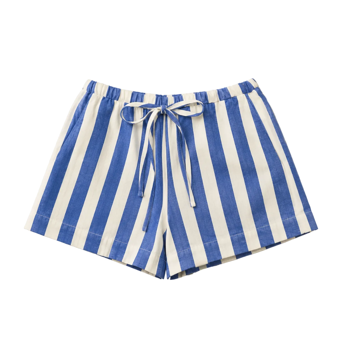 Blue and white striped shorts on a white background