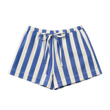 Blue and white striped shorts on a white background