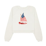 White sweatshirt with a sailboat and American flag design on a white background