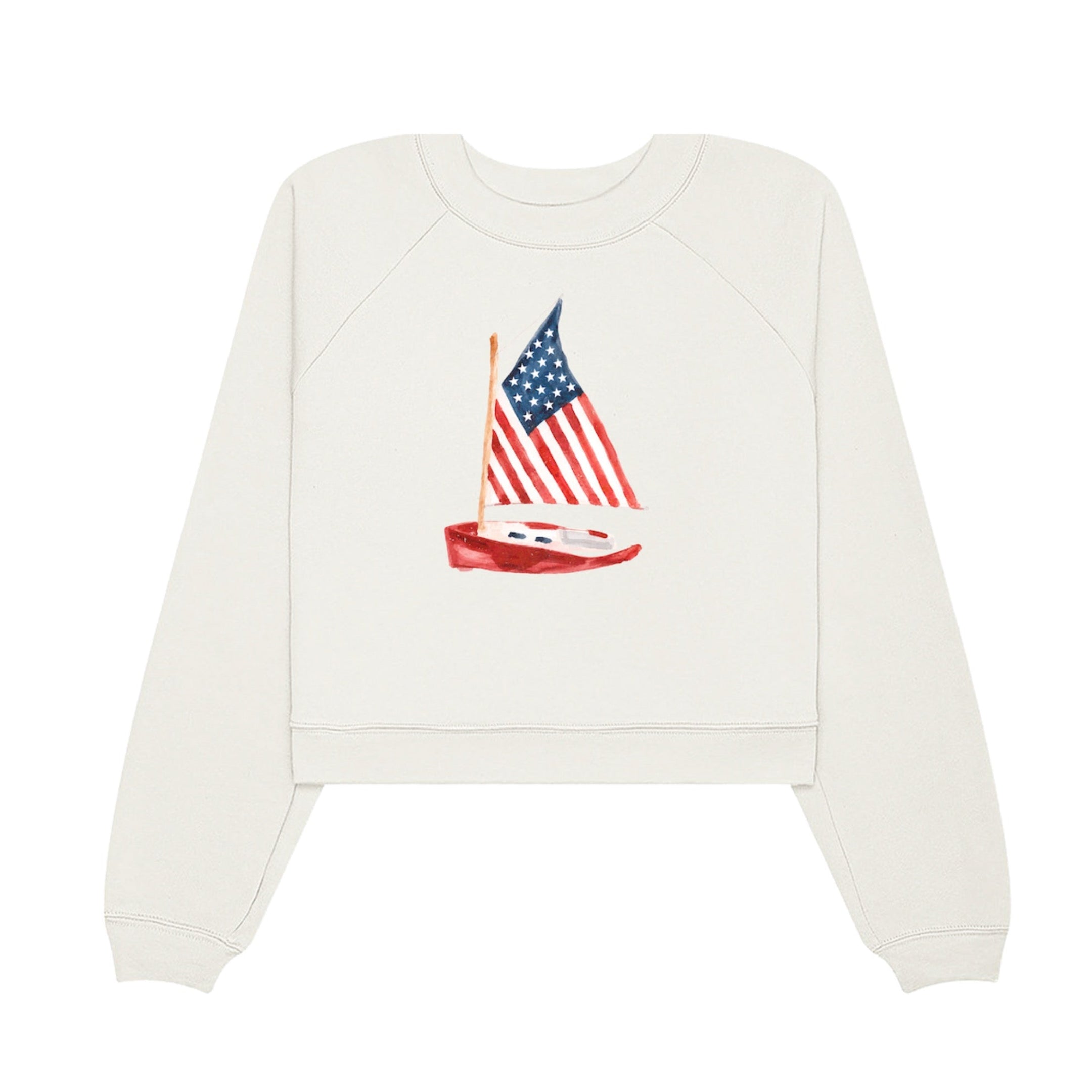 White sweatshirt with a sailboat and American flag design on a white background