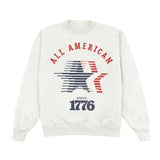 White sweatshirt with 'All American Since 1776' design on a white background