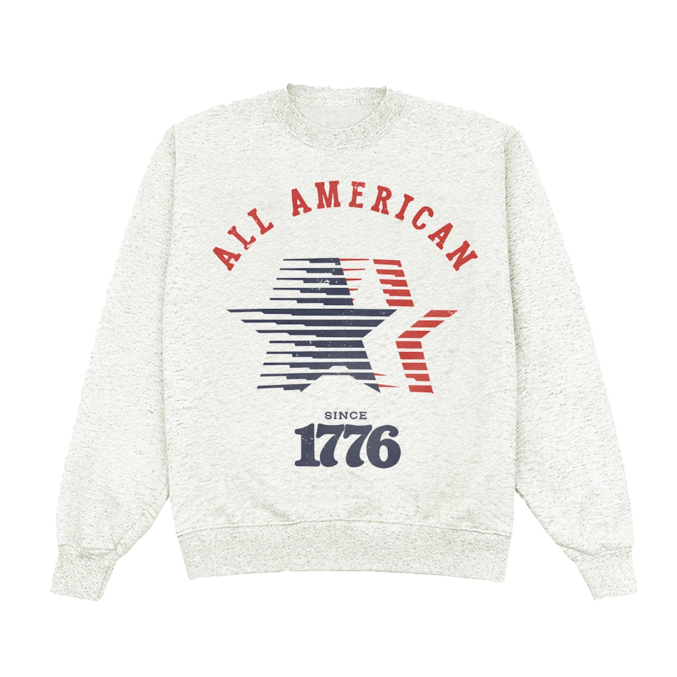 White sweatshirt with 'All American Since 1776' design on a white background