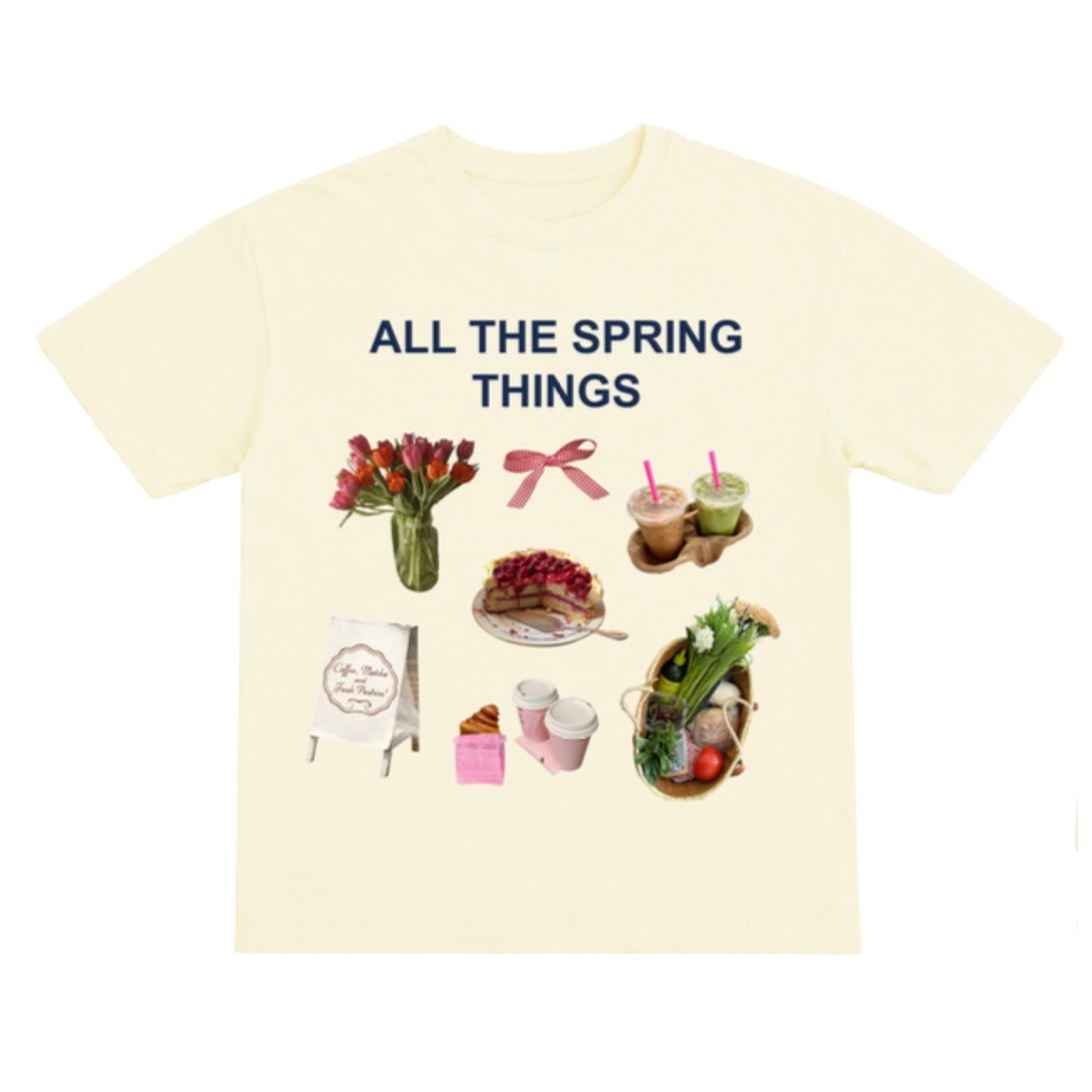 Beige t-shirt with spring-themed graphics and text on a white background