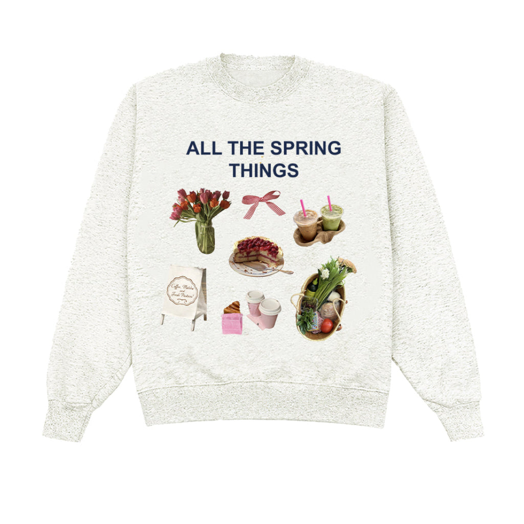 Sweatshirt with spring-themed graphics and text on a white background