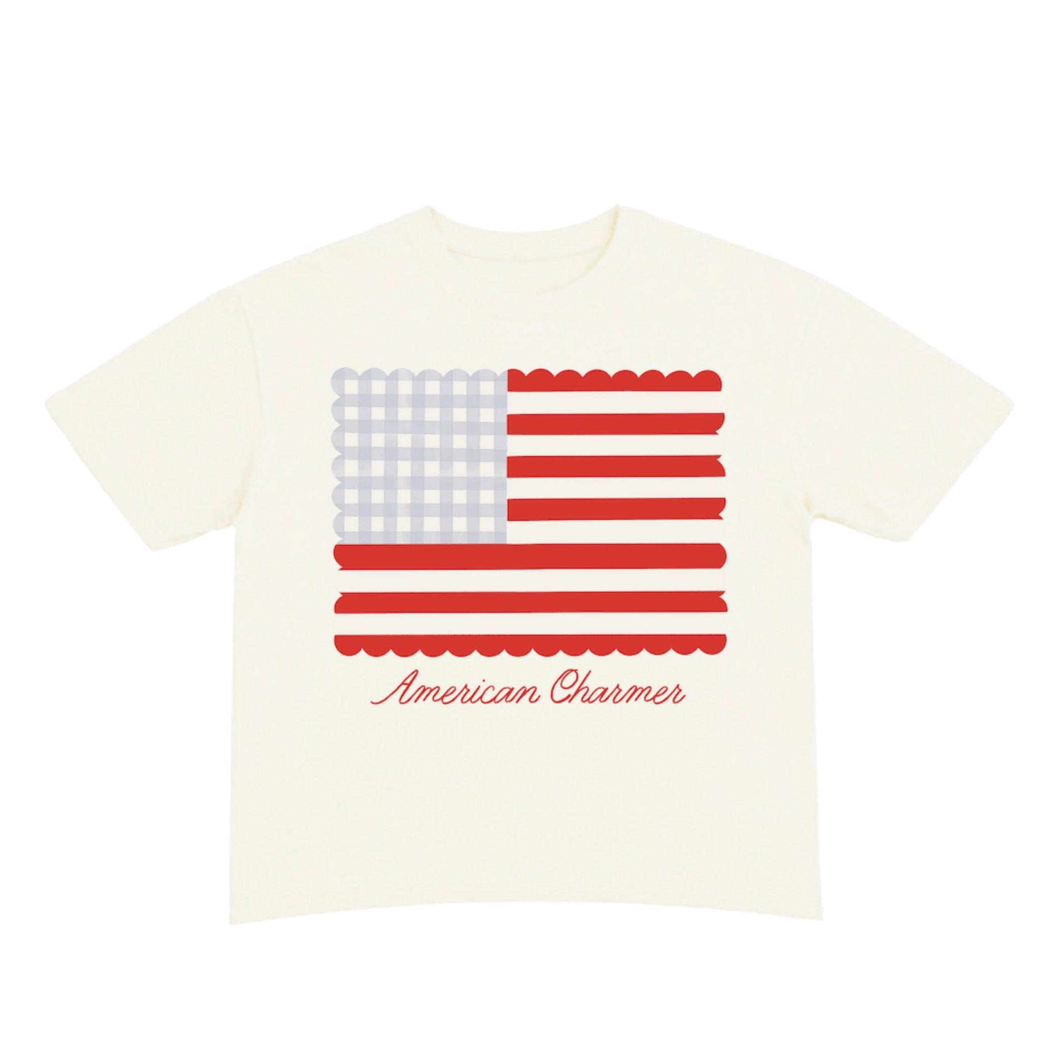 White t-shirt with American flag design and 'American Charmer' text on a white background