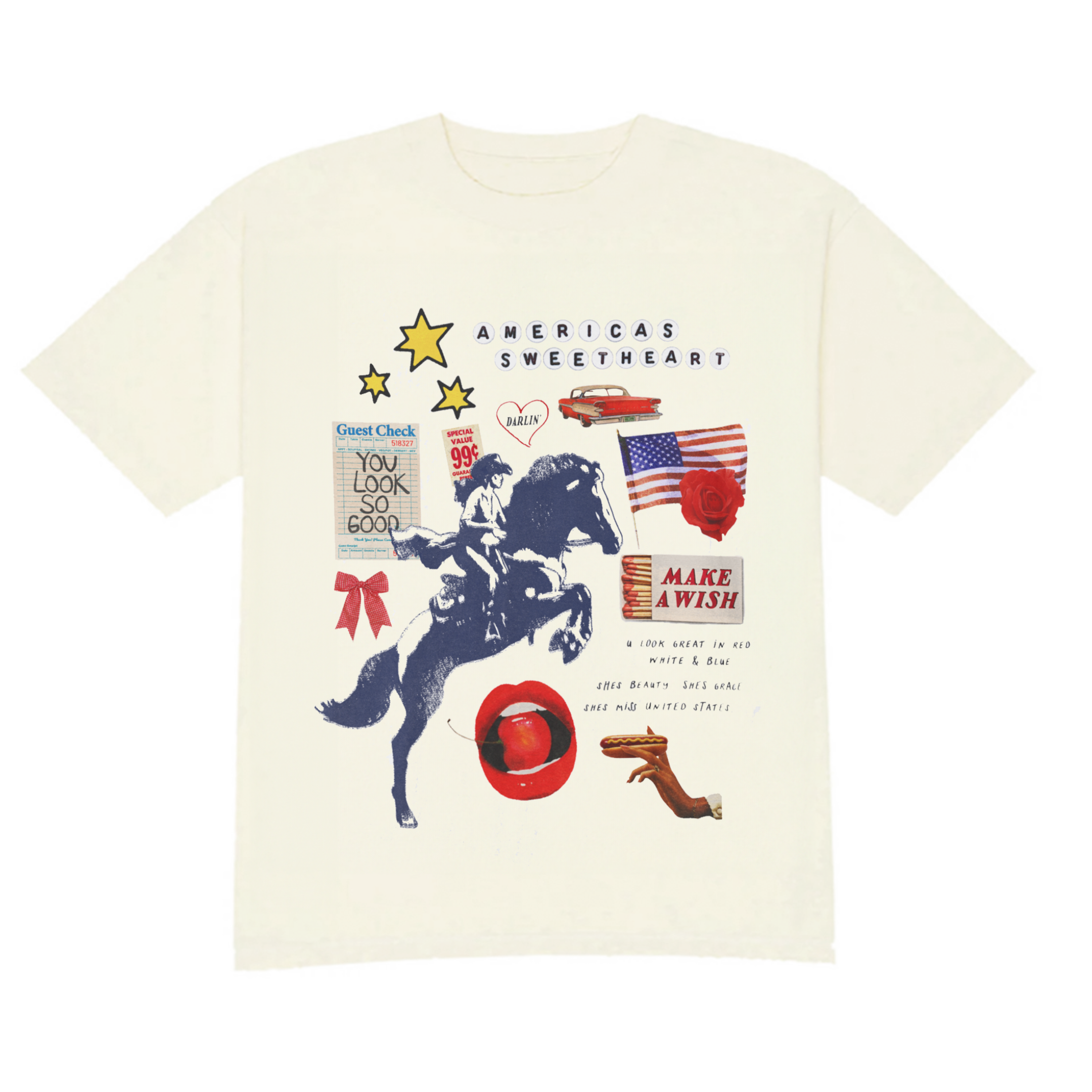 T-shirt with graphic design featuring a horse, American flag, and text on a white background