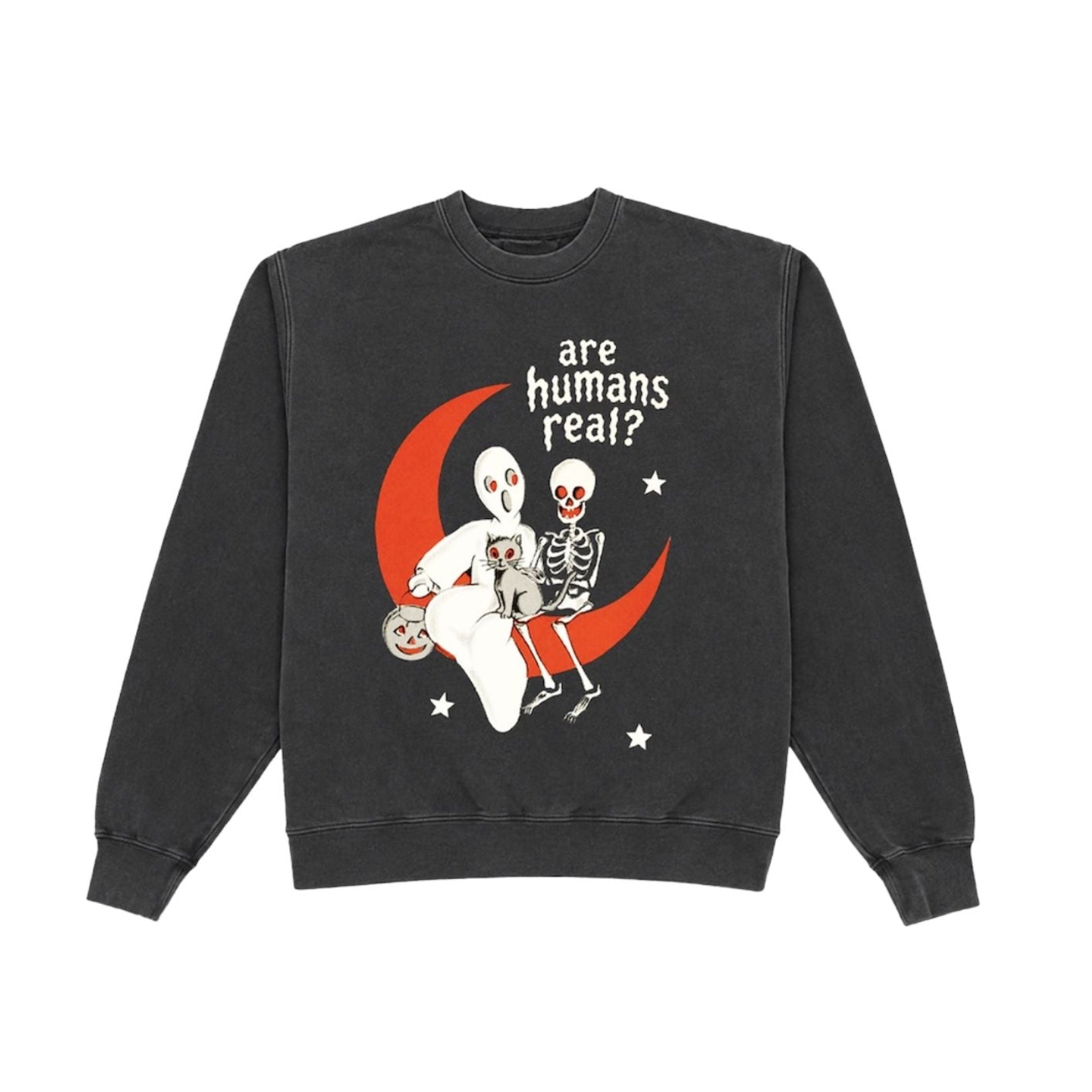 A dark gray crewneck sweatshirt featuring a graphic print of a white rabbit and a skeleton sitting on a red crescent moon with the text 'are humans real?' in white, displayed on a solid white background.