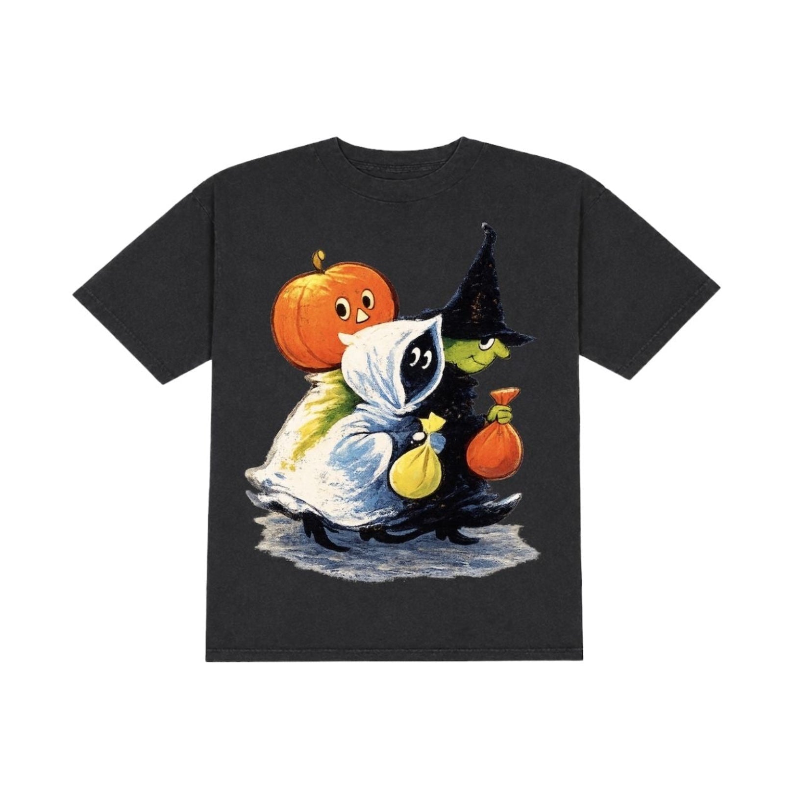 A black short-sleeve crewneck t-shirt featuring a colorful graphic print of a cute ghost in a white cloak riding on the back of a black cat, with a jack-o'-lantern and a witch hat.