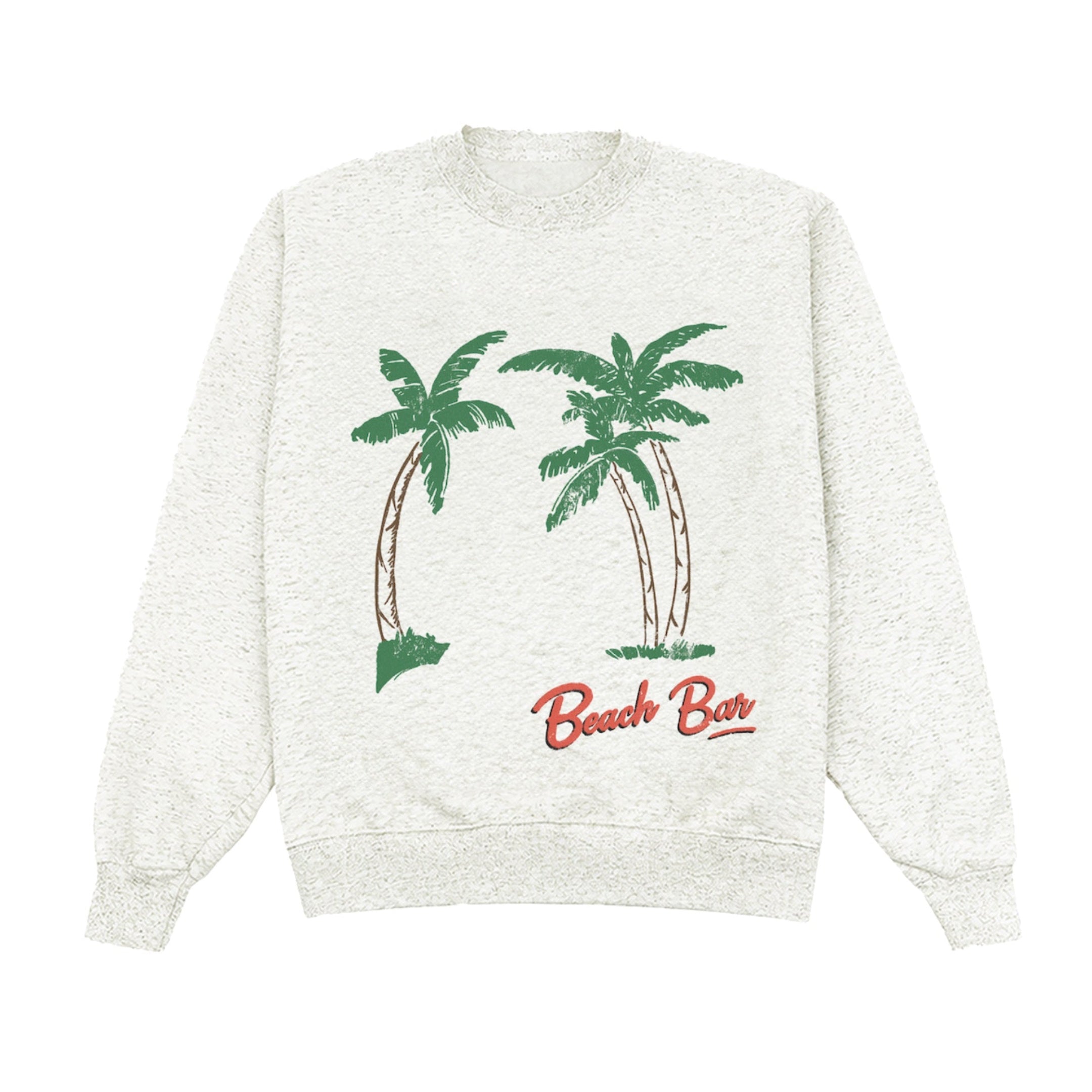 White sweatshirt with palm tree design and 'Beach Bar' text on a white background