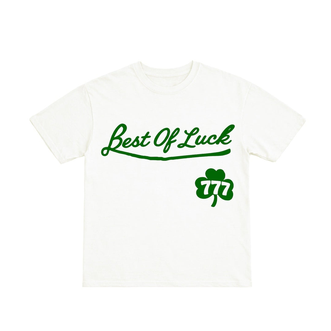 White t-shirt with 'Best Of Luck' text and clover graphic on a white background
