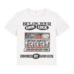 White t-shirt with a graphic design of a slot machine and text on a white background