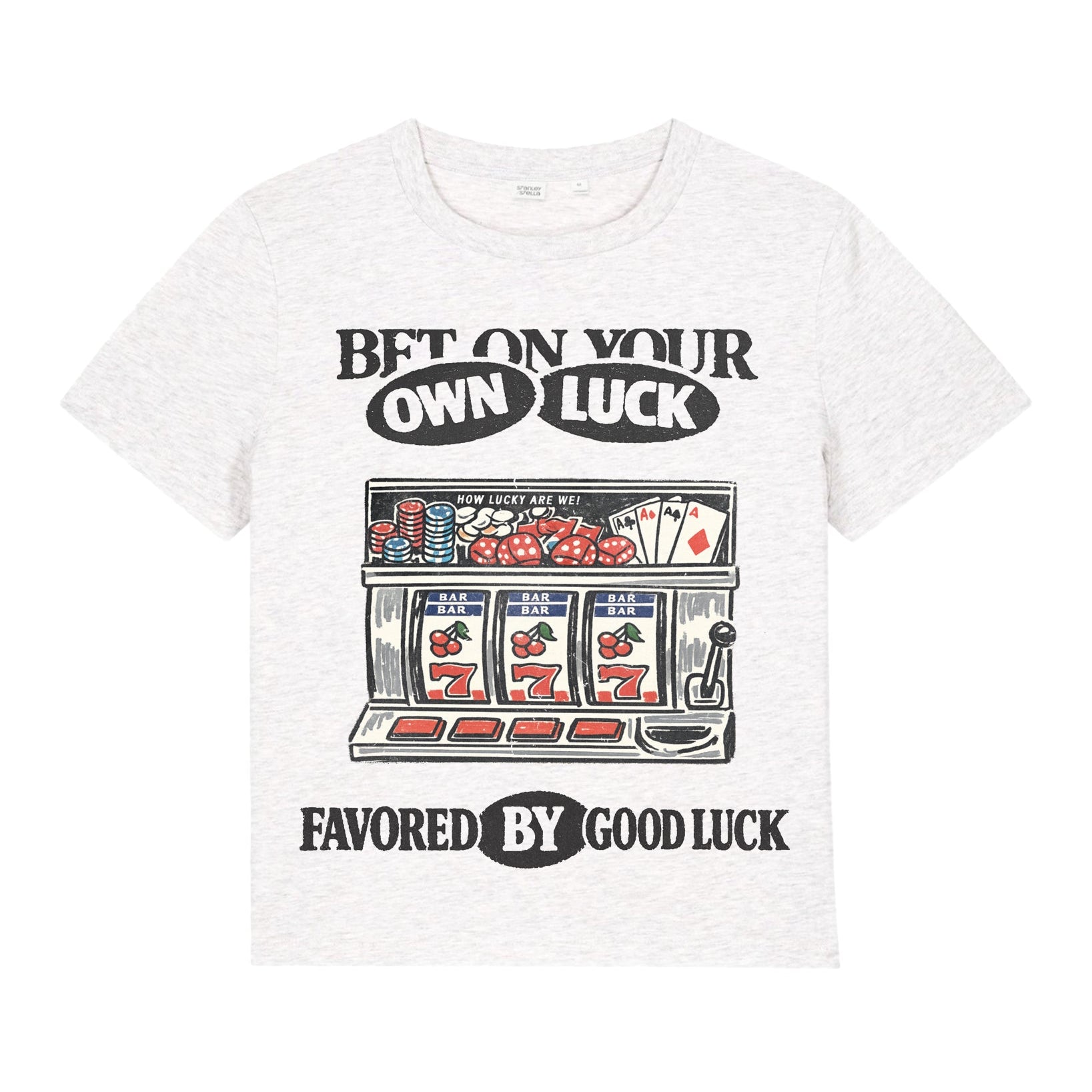 White t-shirt with a graphic design of a slot machine and text on a white background