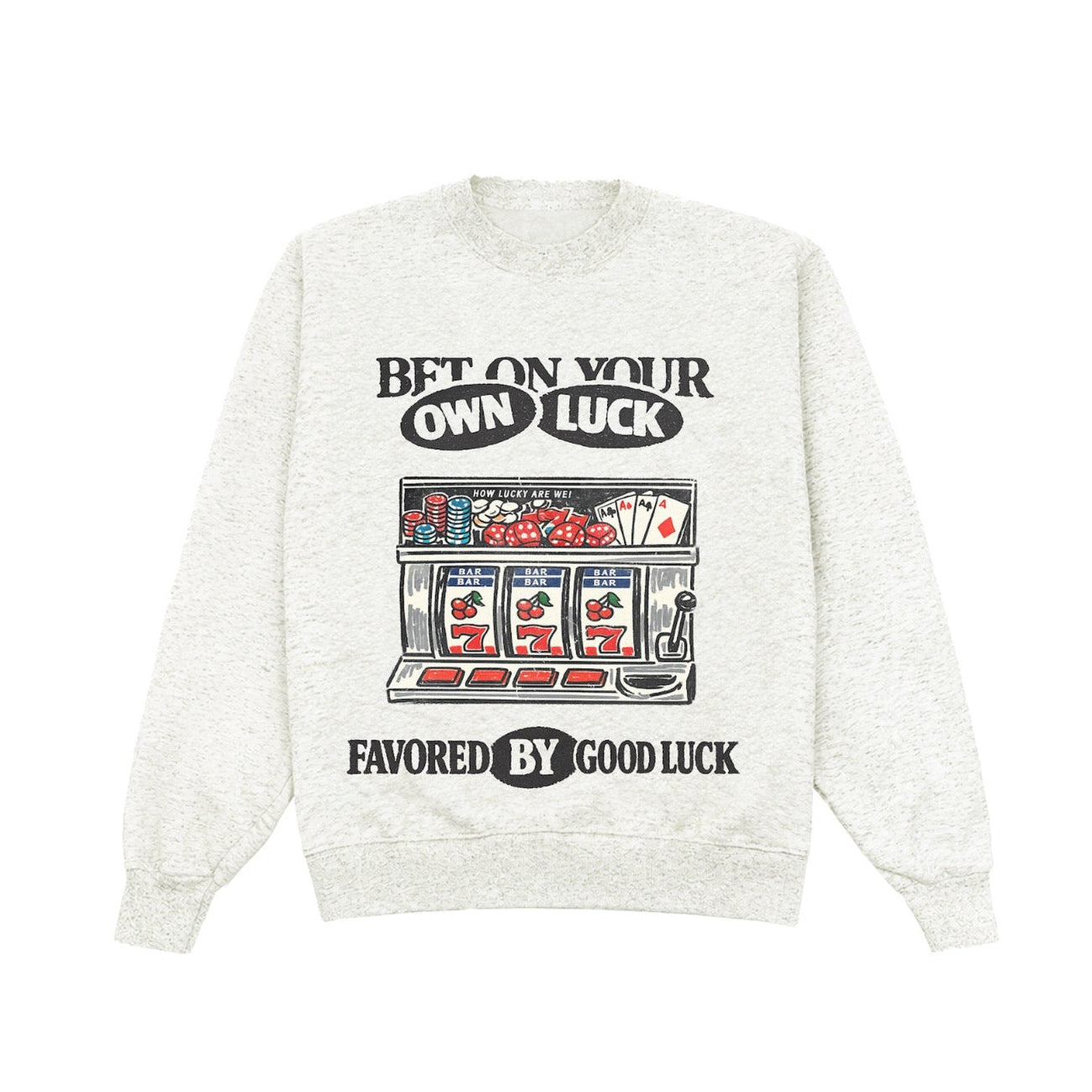 White sweatshirt with graphic design and text on a white background