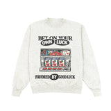 White sweatshirt with graphic design and text on a white background