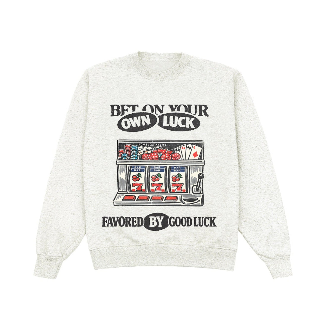 White sweatshirt with graphic design and text on a white background