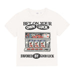 White t-shirt with slot machine graphic and text on a white background