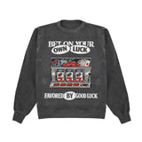 Dark gray sweatshirt with slot machine graphic and text on a white background
