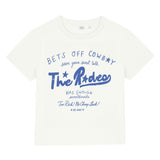 White t-shirt with blue text on a white background