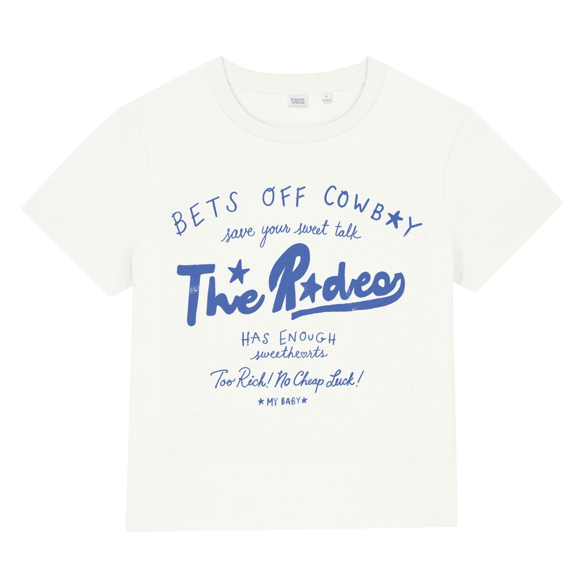 White t-shirt with blue text on a white background