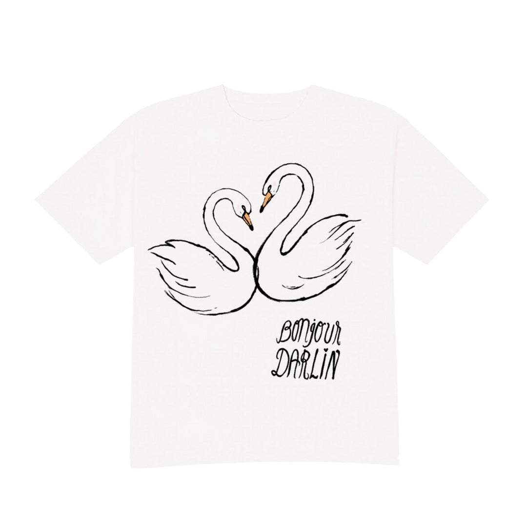 White t-shirt with black swan design and text on a white background