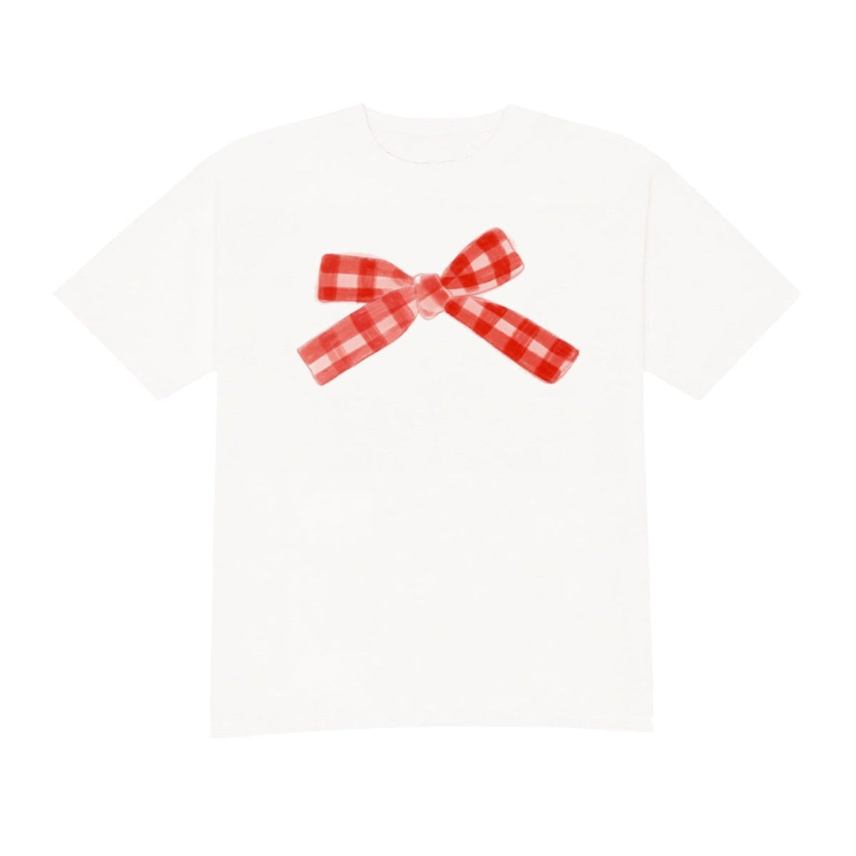 White shirt with a red checkered bow on a white background