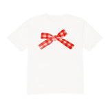 White shirt with a red checkered bow on a white background
