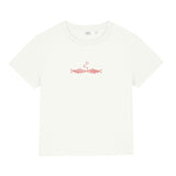 White t-shirt with a red graphic on a white background
