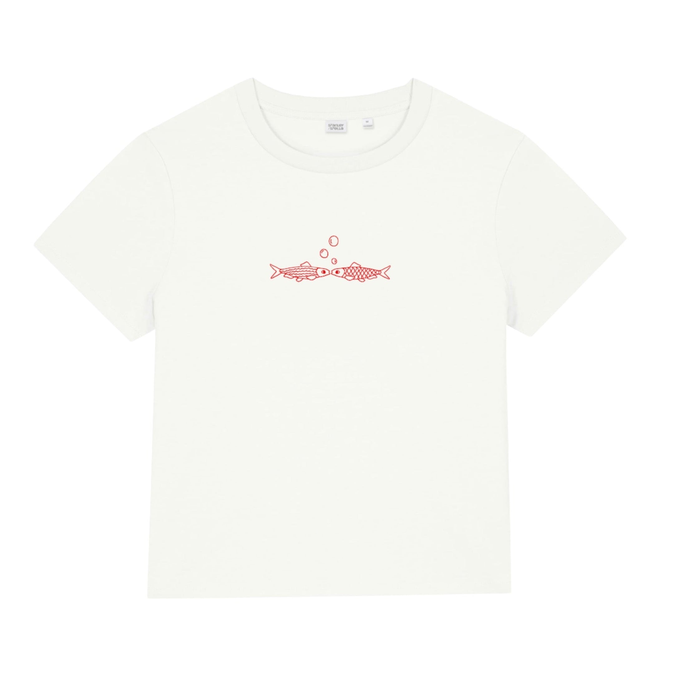White t-shirt with a red graphic on a white background