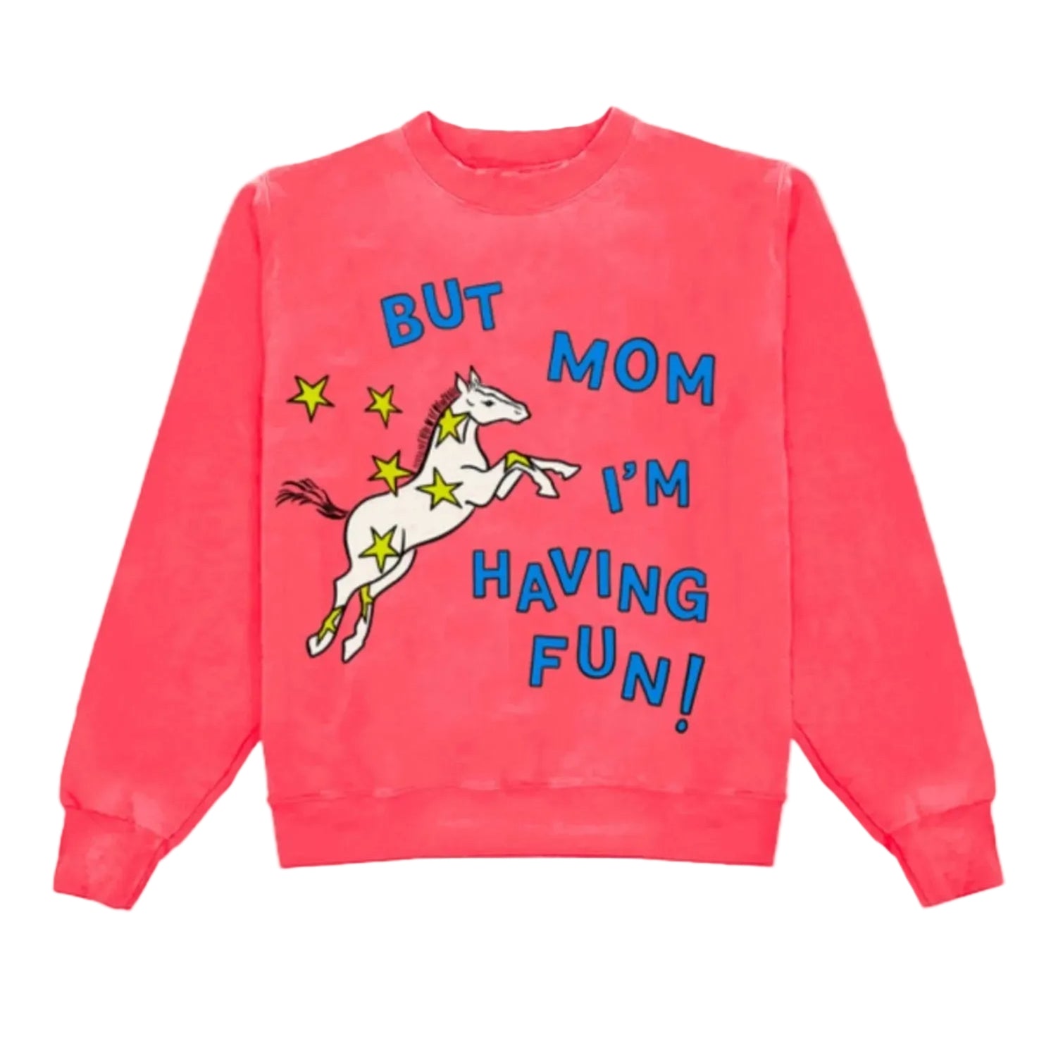 Pink sweatshirt with a horse graphic and text on a white background