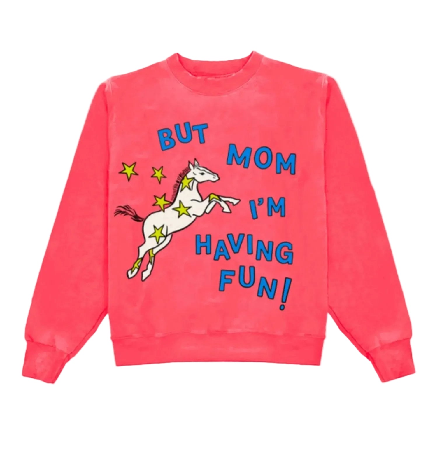 Pink sweatshirt with a horse graphic and text on a white background