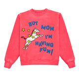 Pink sweatshirt with a horse graphic and text on a white background
