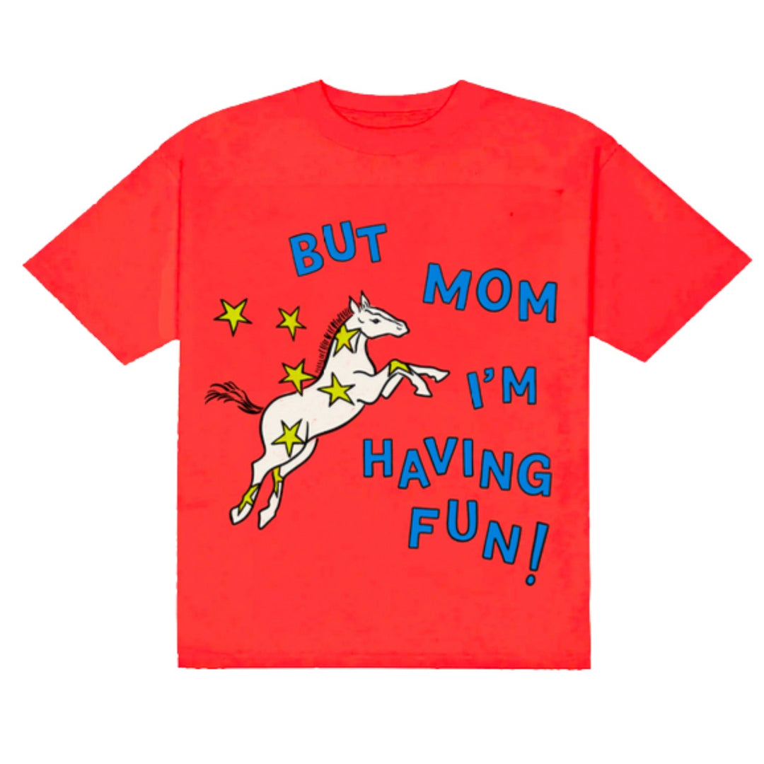 Red t-shirt with a horse graphic and text on a white background