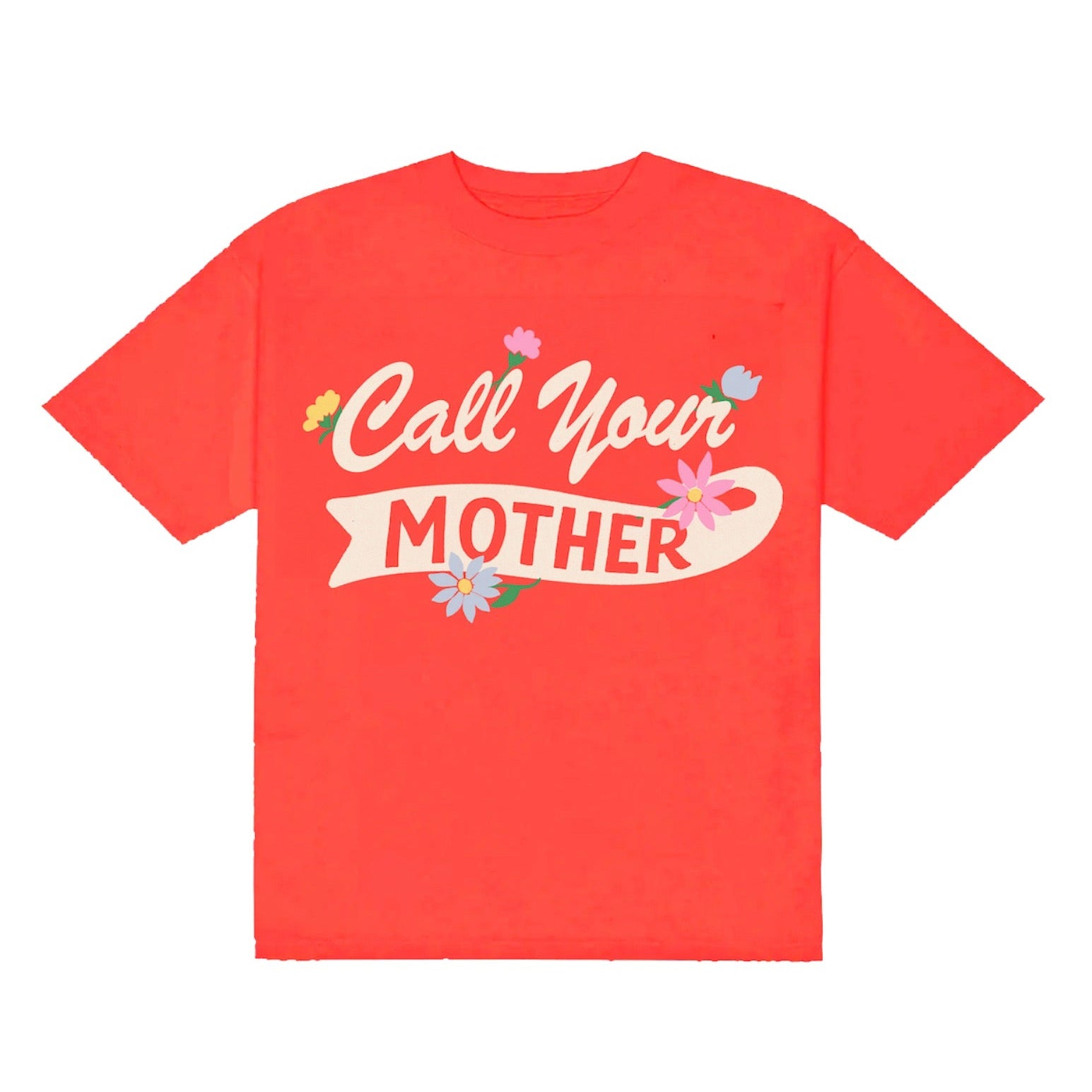 Red t-shirt with 'Call Your Mother' text and floral designs on a white background