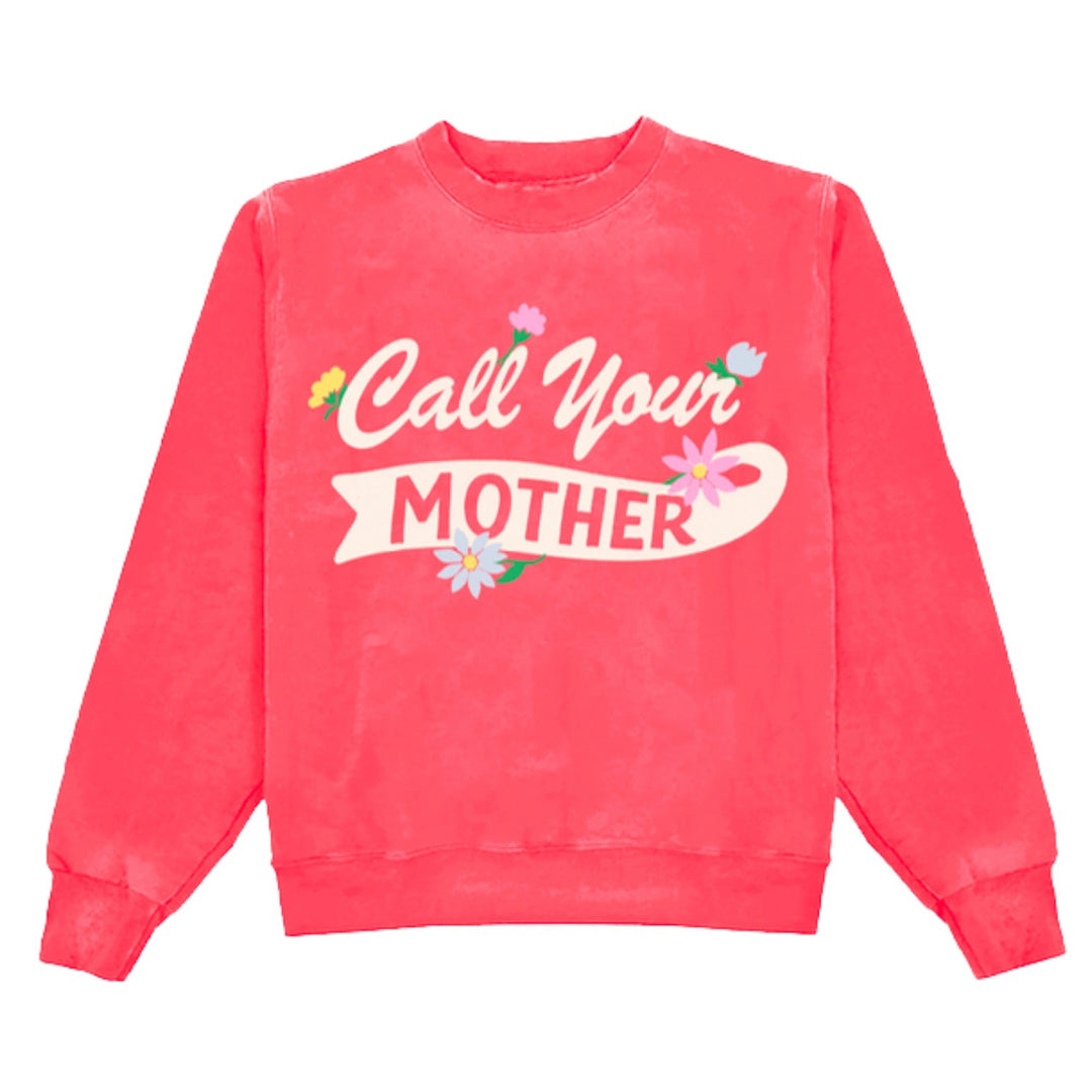Red sweatshirt with 'Call Your Mother' text on a white background