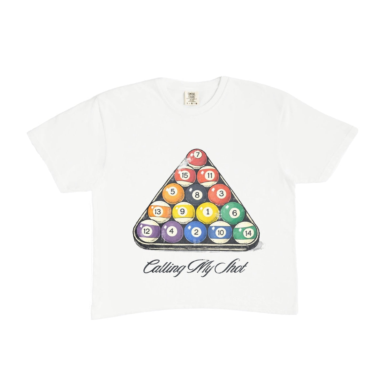 White t-shirt with colorful billiard ball design and text on a white background