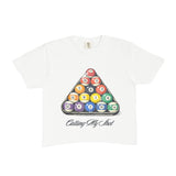 White t-shirt with colorful billiard ball design and text on a white background