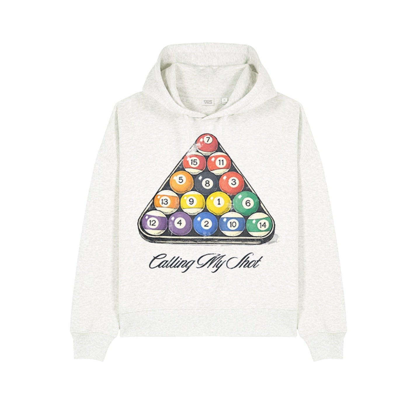 White hoodie with a colorful billiard ball design and text on a white background