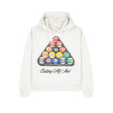 White hoodie with a colorful billiard ball design and text on a white background