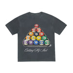 Black t-shirt with pool ball design and text on a white background