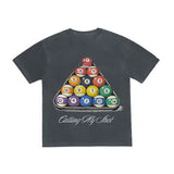 Black t-shirt with pool ball design and text on a white background