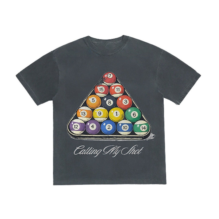 Black t-shirt with pool ball design and text on a white background
