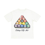 White t-shirt with a colorful triangle design and text on a white background