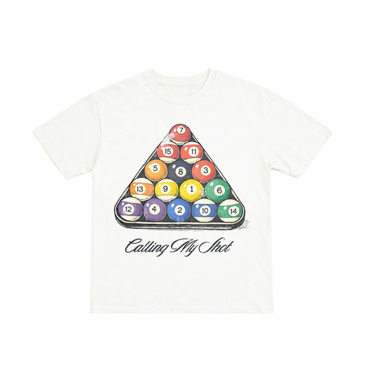 White t-shirt with a colorful triangle design and text on a white background