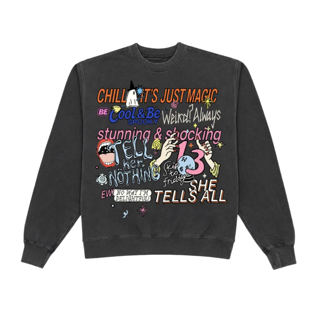 A dark gray washed crewneck sweatshirt featuring a colorful graphic print with text and illustrations on the front, displayed against a solid white background.