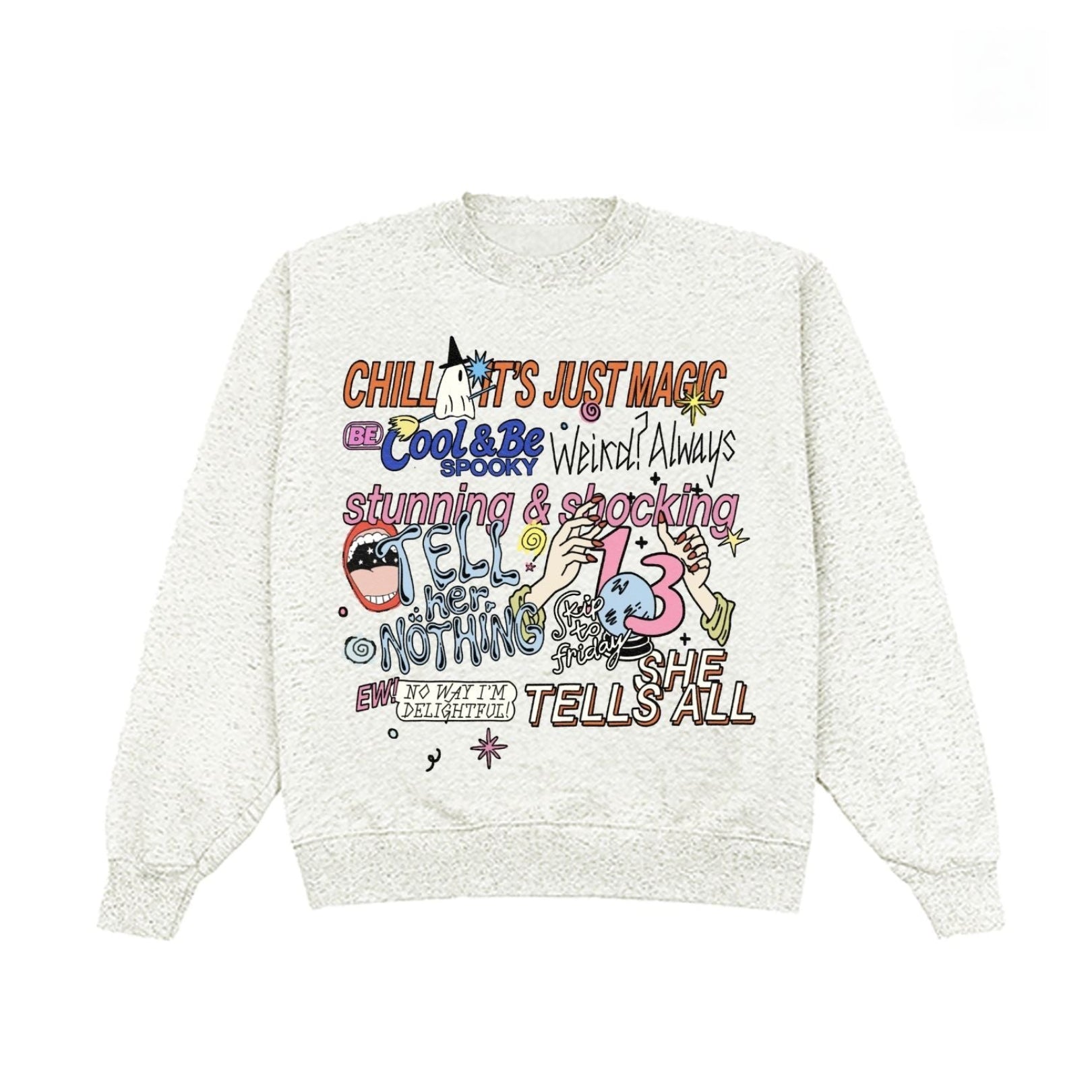 A light heather gray crewneck sweatshirt featuring a colorful graphic collage of text and cartoon illustrations on the front, displayed against a solid white background.