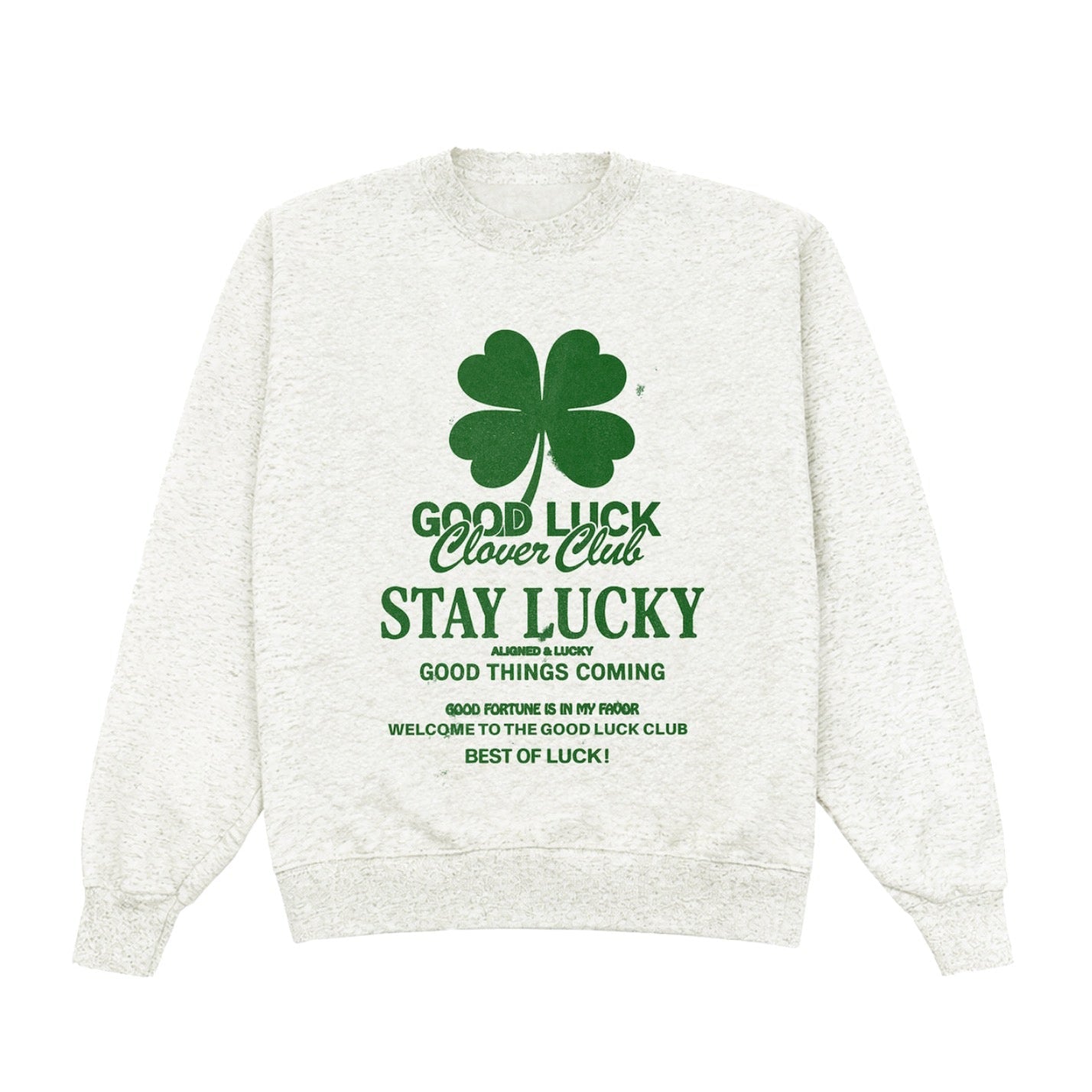 White sweatshirt with green text and clover graphic on a white background