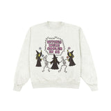 An off-white heather crewneck sweatshirt featuring a Halloween graphic of skeletons dressed as witches dancing under a sign that reads 'WITCHES WERE COOLER IN 98'.