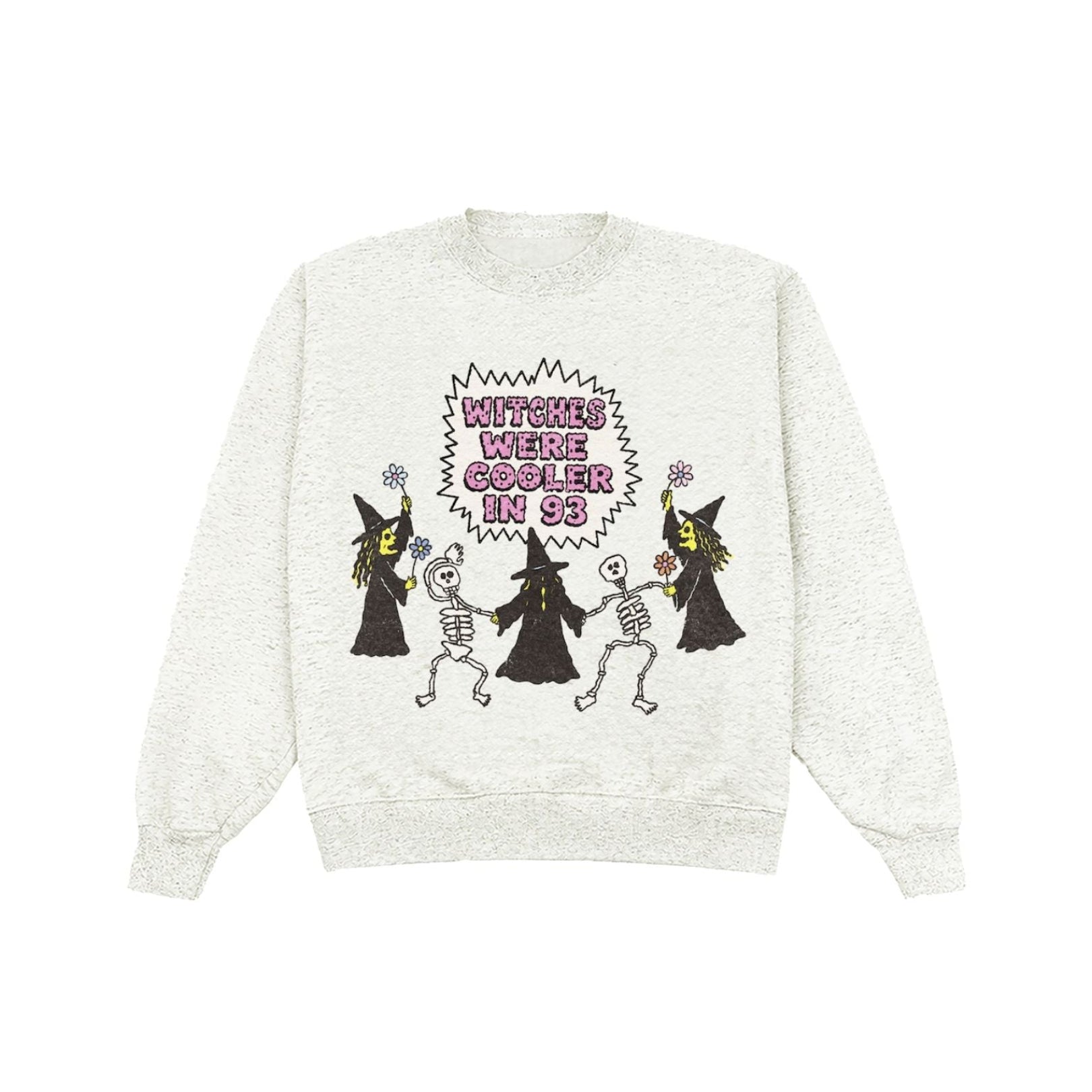 An off-white heather crewneck sweatshirt featuring a Halloween graphic of skeletons dressed as witches dancing under a sign that reads 'WITCHES WERE COOLER IN 98'.