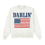 Oatmeal heather grey sweatshirt with 'Darlin'' and American flag design on a white background