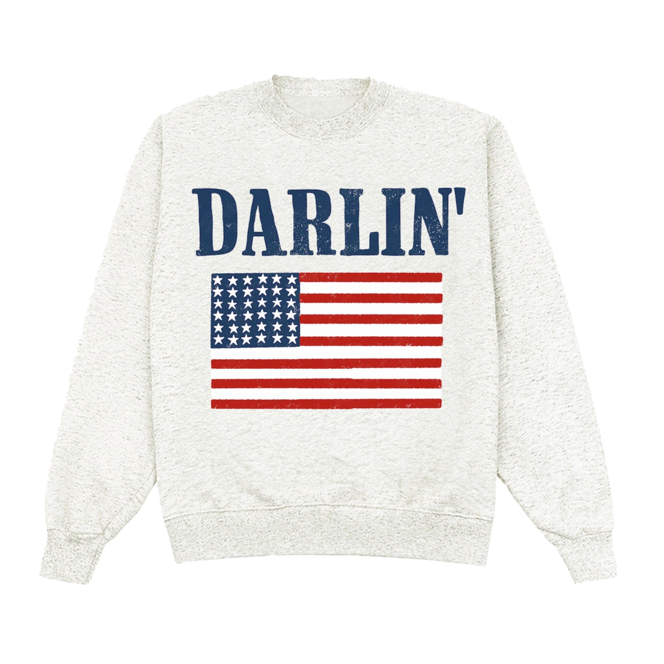 Oatmeal heather grey sweatshirt with 'Darlin'' and American flag design on a white background